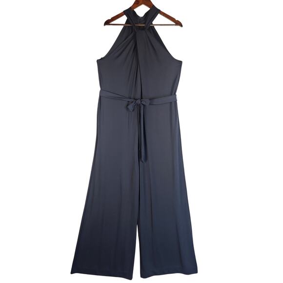 Ann Taylor Jumpsuit Halter Wide Leg WMNS L Navy Blue Sleeveless Tie Waist EUC - Picture 2 of 16